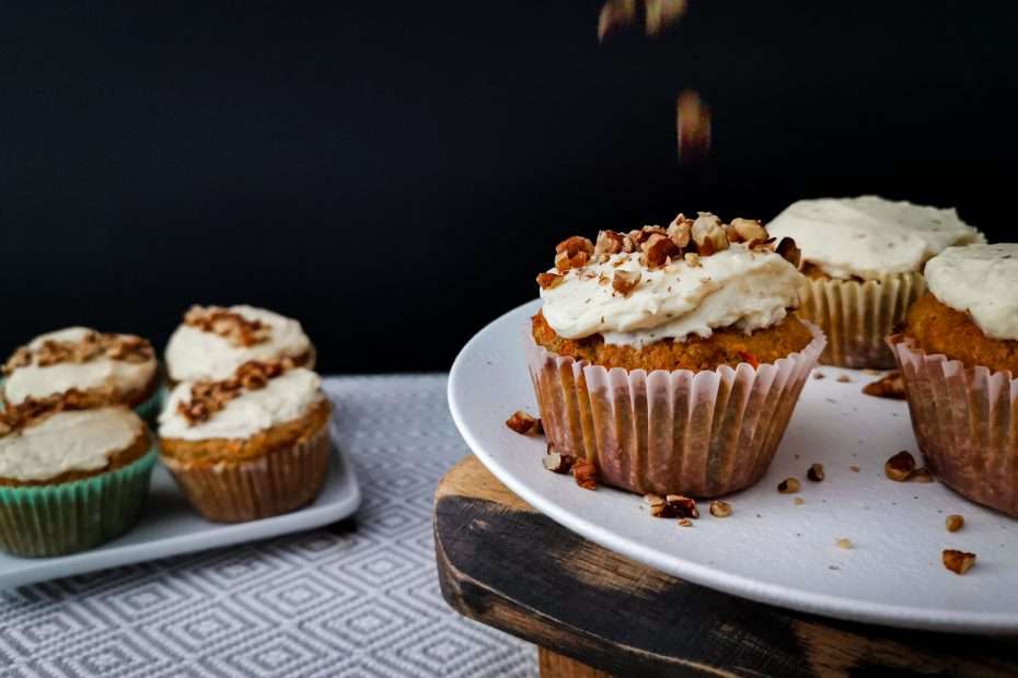 Low carb carrot cake cupcakes with crushed walnuts
