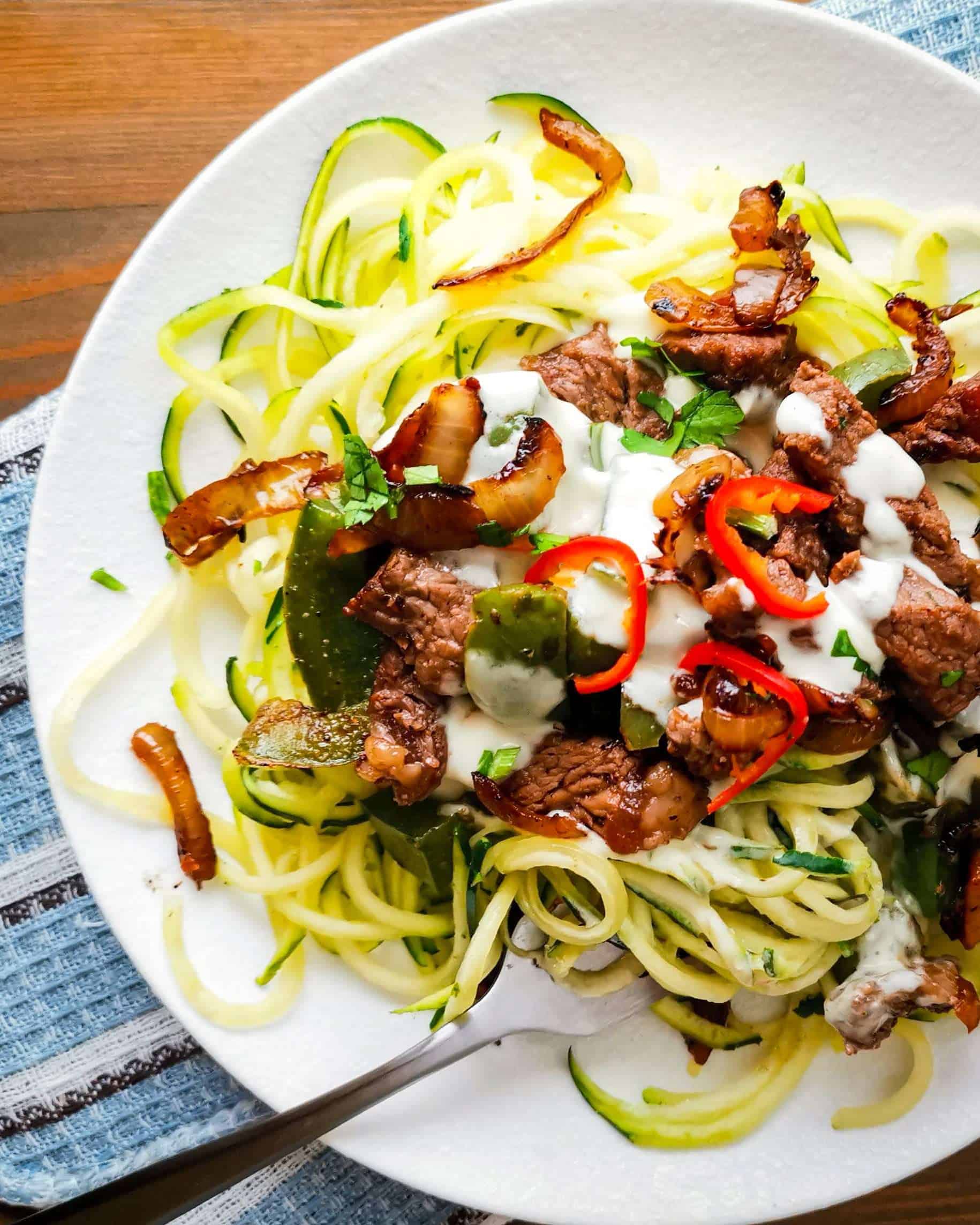 Low Carb Phillycheese Steak zoodles plated