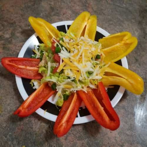 Sliced Bell peppers arranged radially around low carb nacho dip