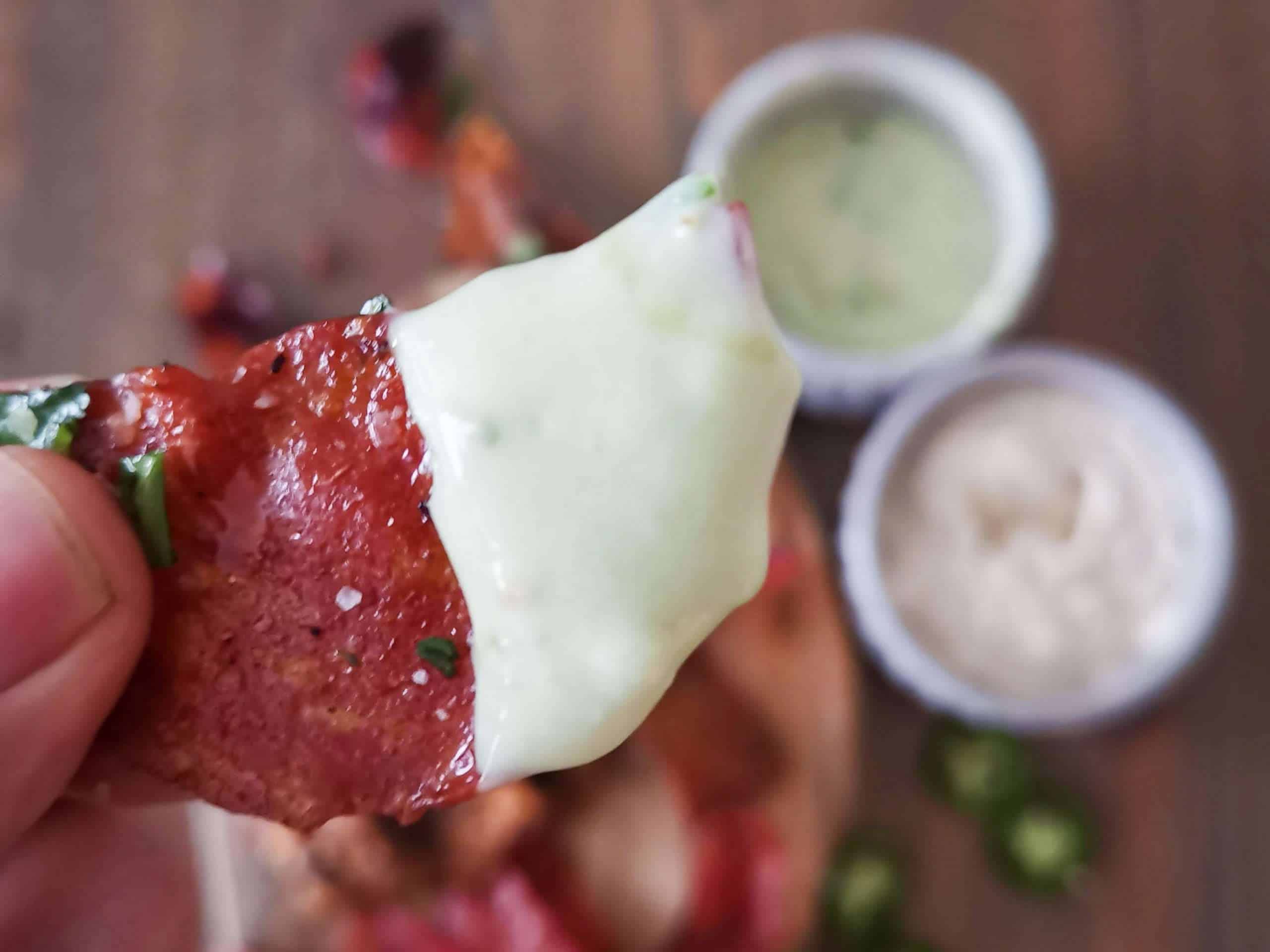 Keto friendly chips made from baked salami with dip
