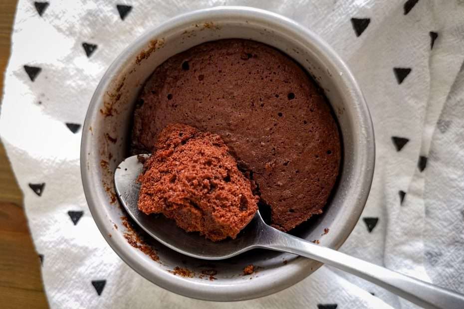 Keto mug brownie from above with a spoon