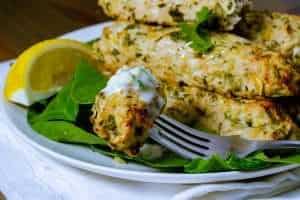 Low Carb chicken kebab on a fork with raita