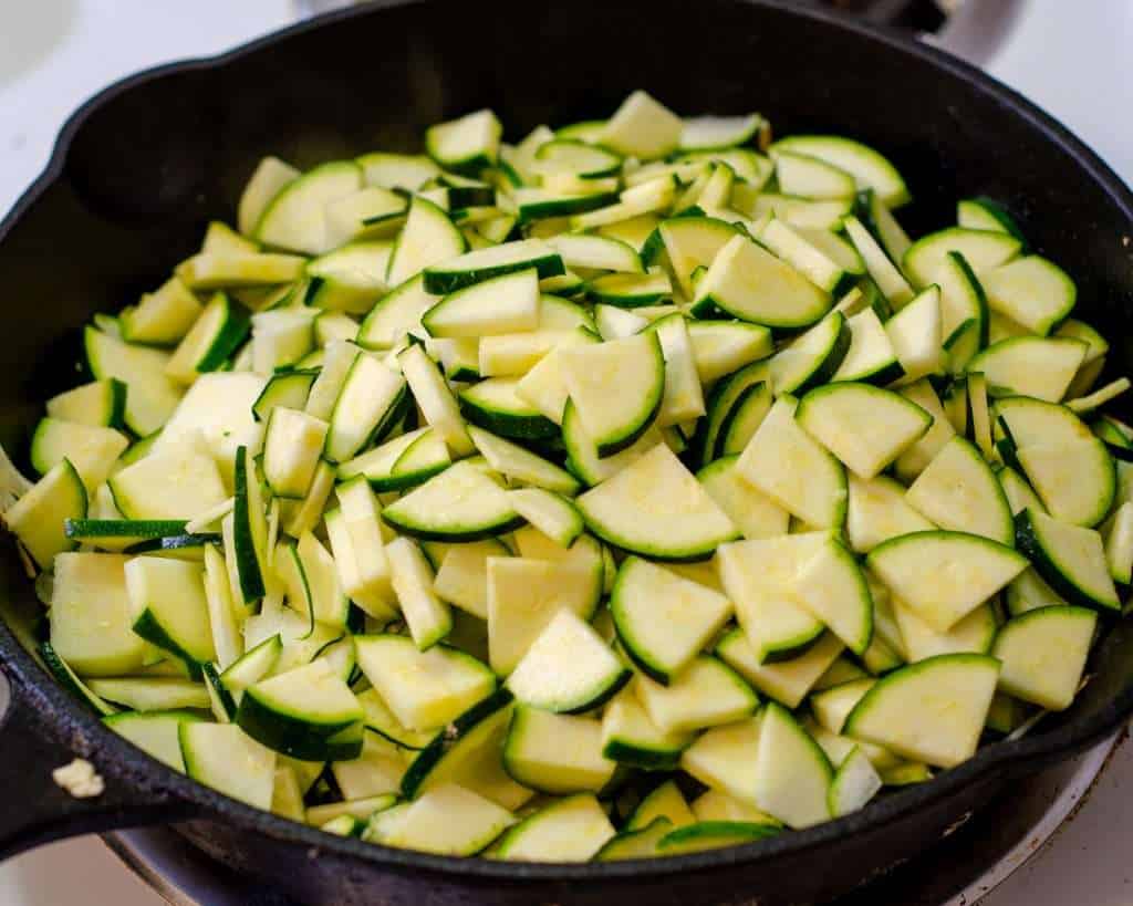 sliced zucchini frying for low carb zucchini and egg bhaji