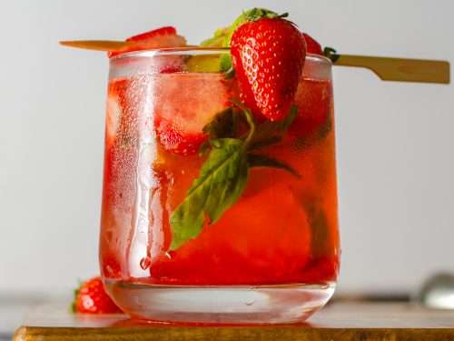 Low Carb Strawberry Basil Mojito dressed in a glass