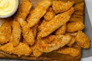 Pork Rind Crusted Chicken Strips with Honey Mustard Dipping Sauce