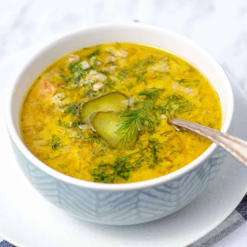 Keto Dill Pickle Soup in a Bowl