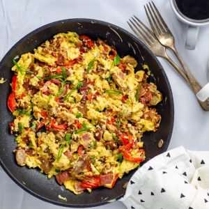 High Protein low carb scrambled eggs in a pan