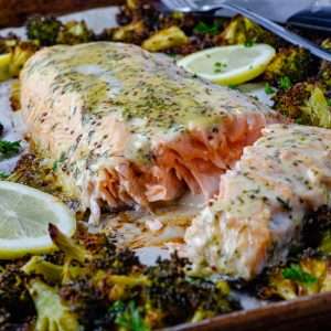 Low carb sheet pan salmon and broccoli recipe on a tray