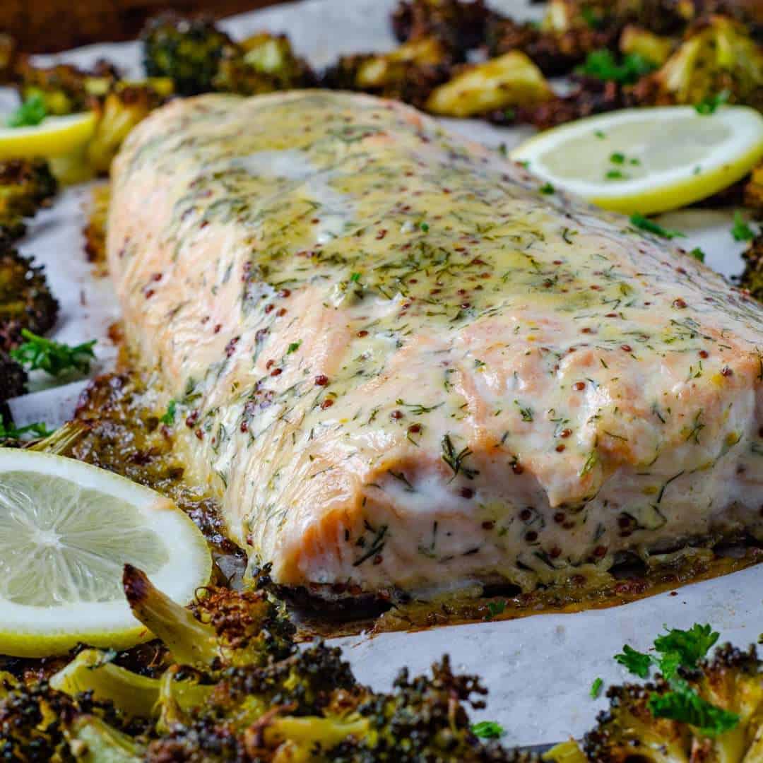 Sheet pan keto salmon recipe cooked ona tray with low carb broccoli