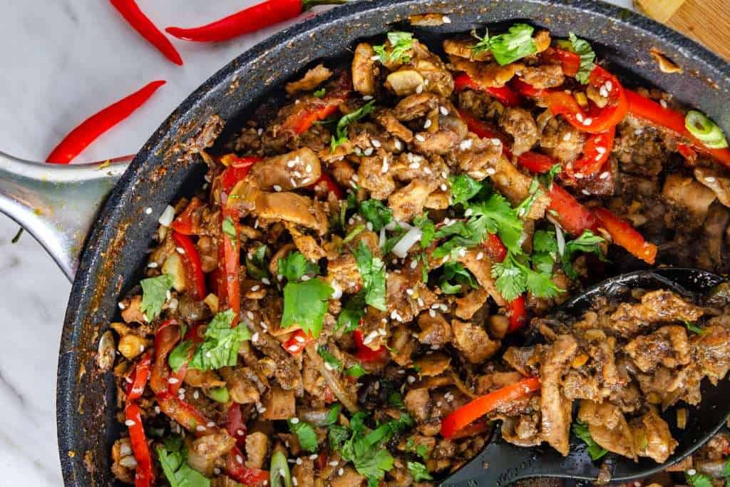 Keto Thai Ginger pork in a pan from above