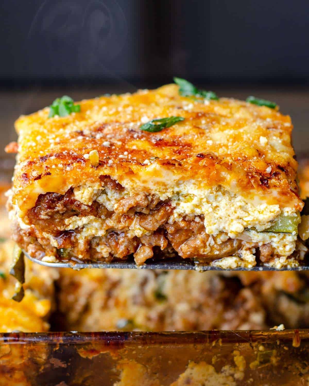 Ultimate keto lasagna, being served