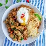 Low carb Thai basil chicken with cauli rice and a fried egg