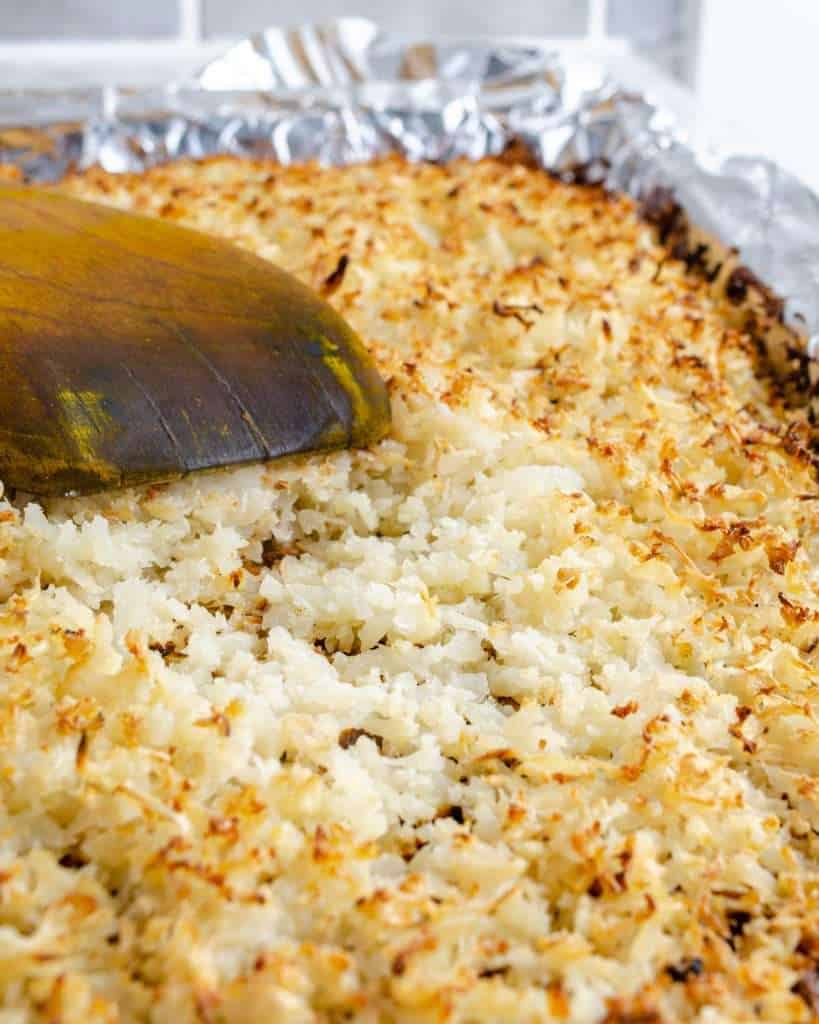 Crispy on top soft below, oven roasted cauliflower rice
