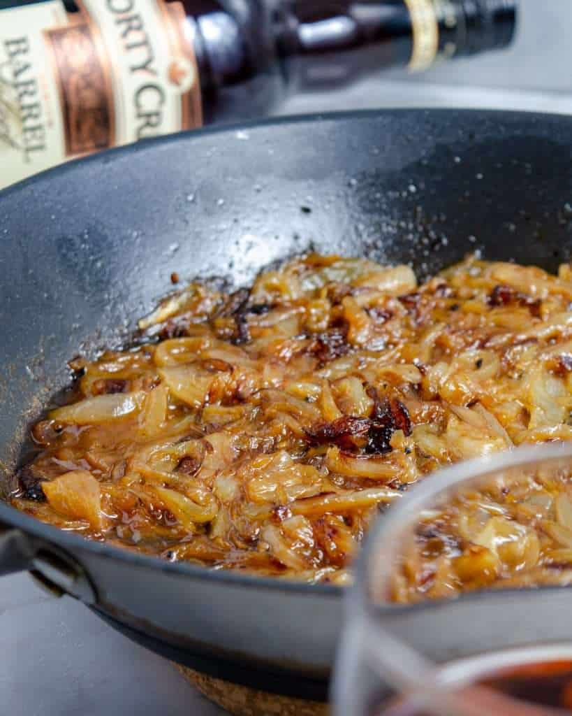 Forty Creek Whiskey caramelized onions in a pan
