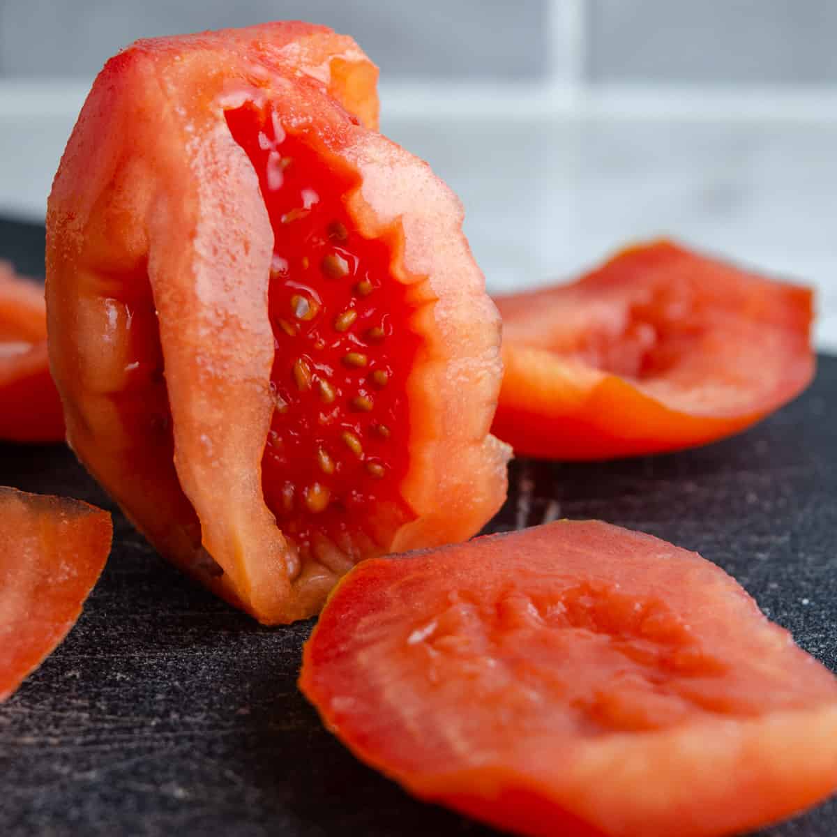 A tomato with the flesh removed