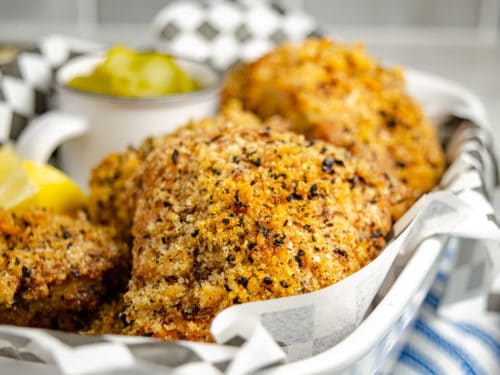 Keto Baked 'Fried' Chicken in a white dish