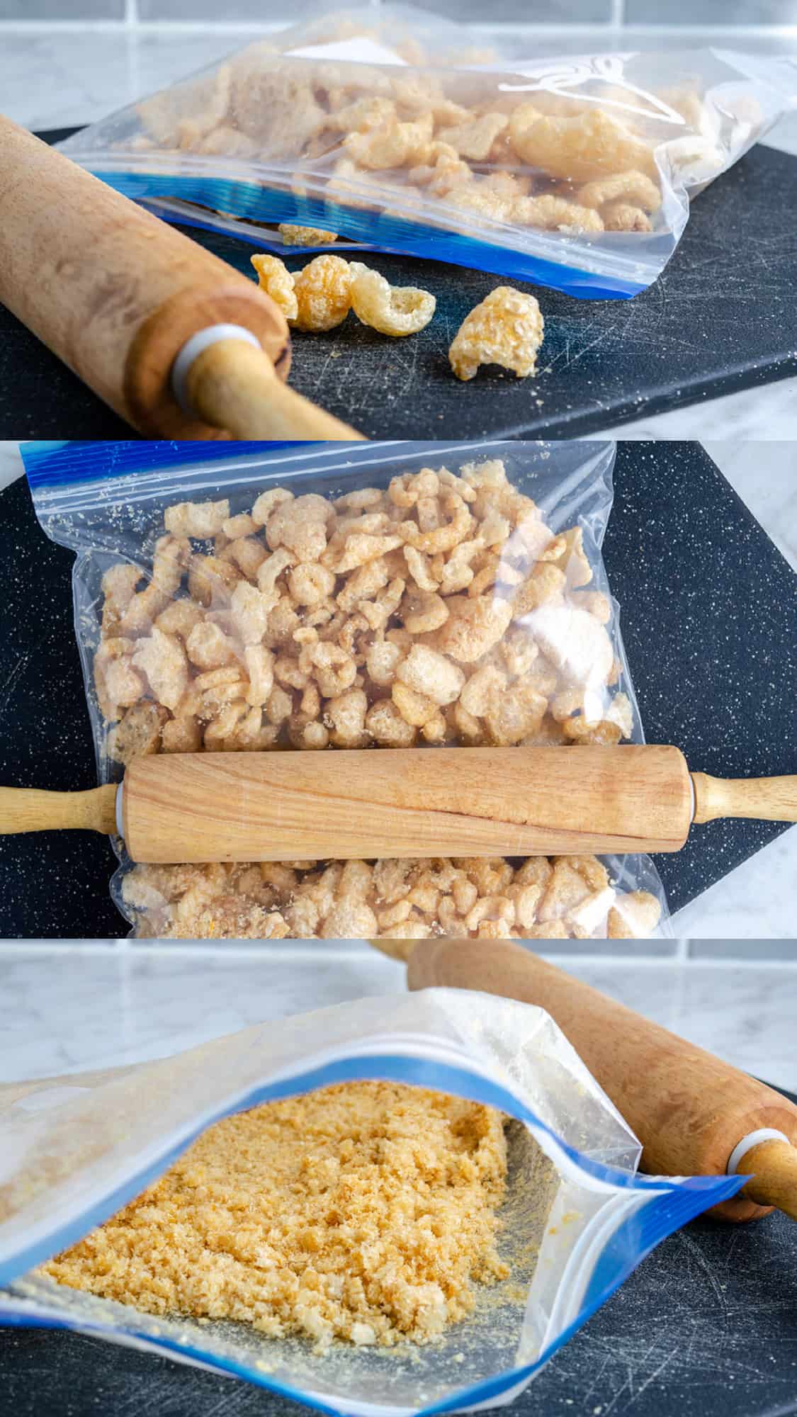 A series of how to make pork rind panko images