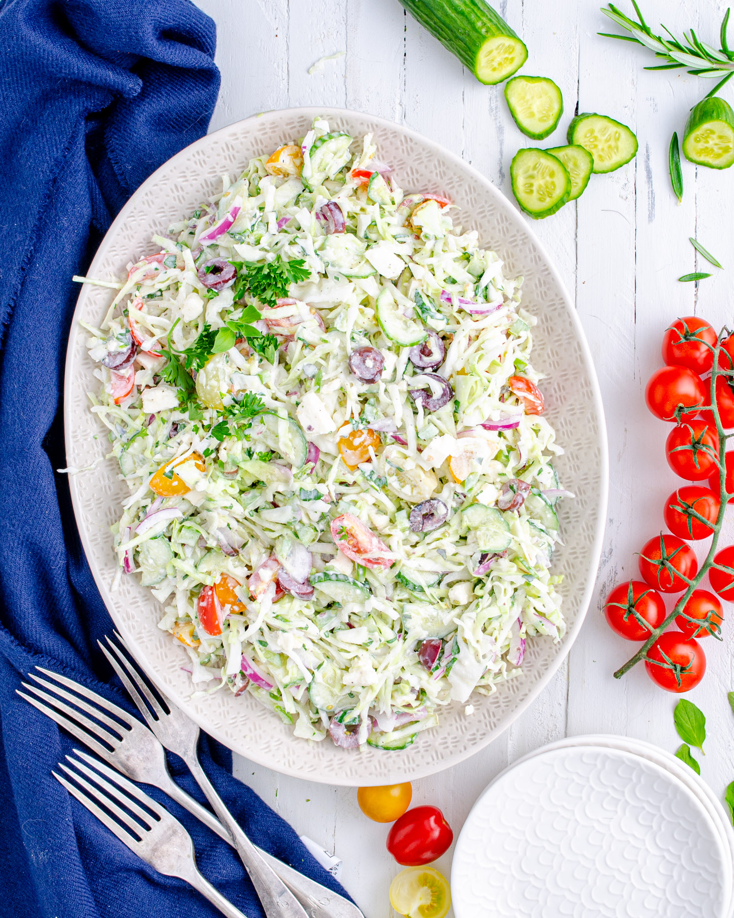 Creamy low carb Greek coleslaw on a serving tray