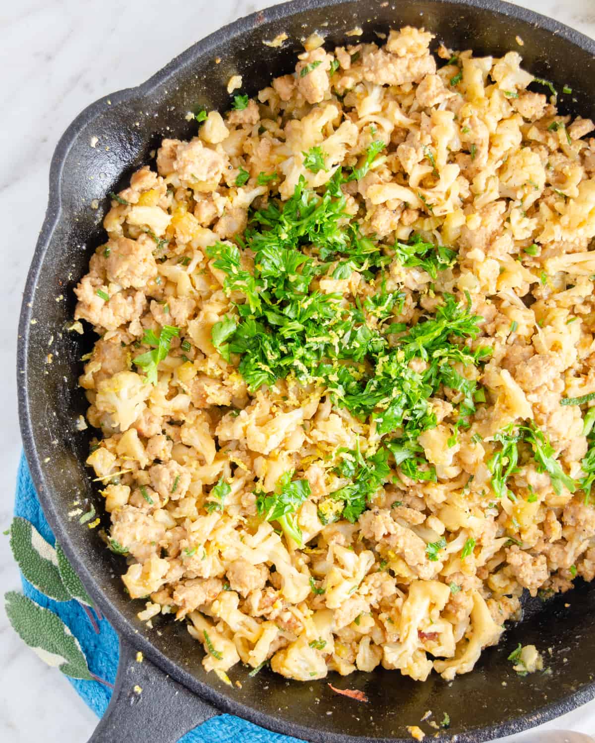 Stovetop Cauliflower stuffing in a cast iron skillet