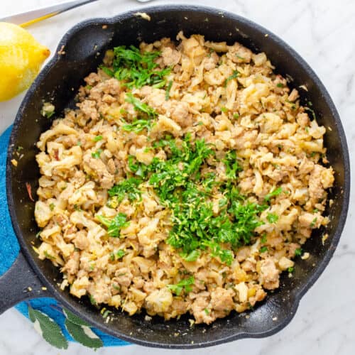 Low Carb Cauliflower Stuffing in a skillet