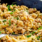 Cauliflower Stovetop Stuffing with sausage in a skillet