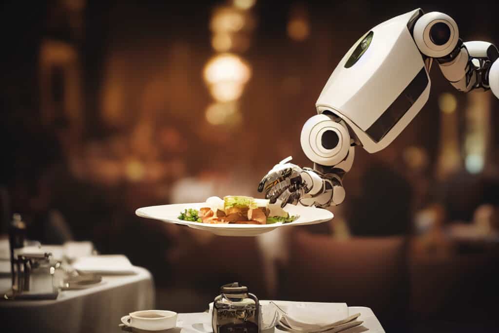AI robot hand serving a plate of food at a restaurant table