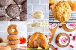 Chocolat eketo cookies, mashed celeriac, almond flour cheese biscuits, pumpkin spice donuts, dry brine turkey, and cranberry keto cheesecakes. A collage of low carb holiday recipes.